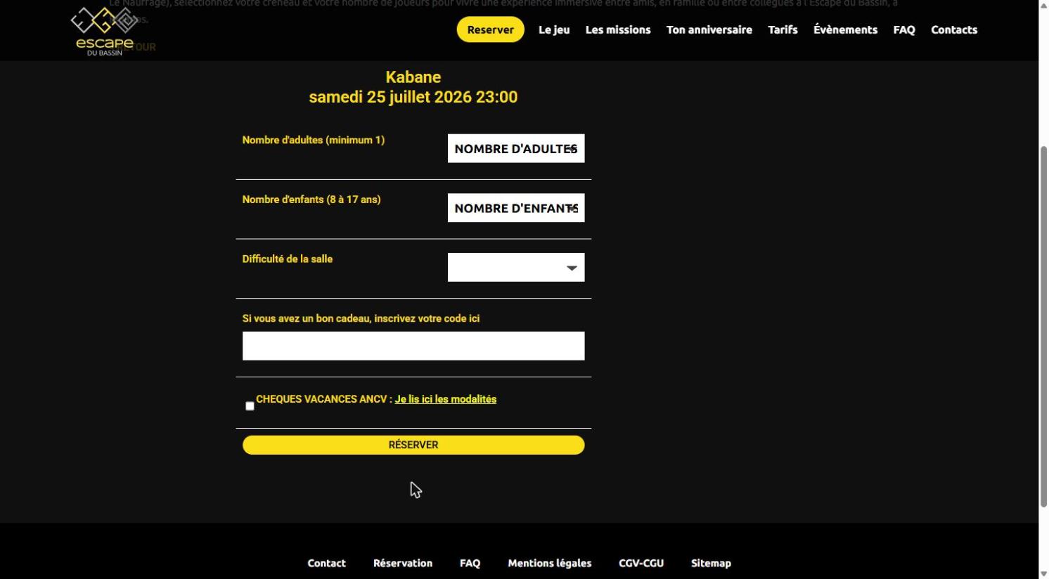 Encart de réservation où saisir le code du bon cadeau